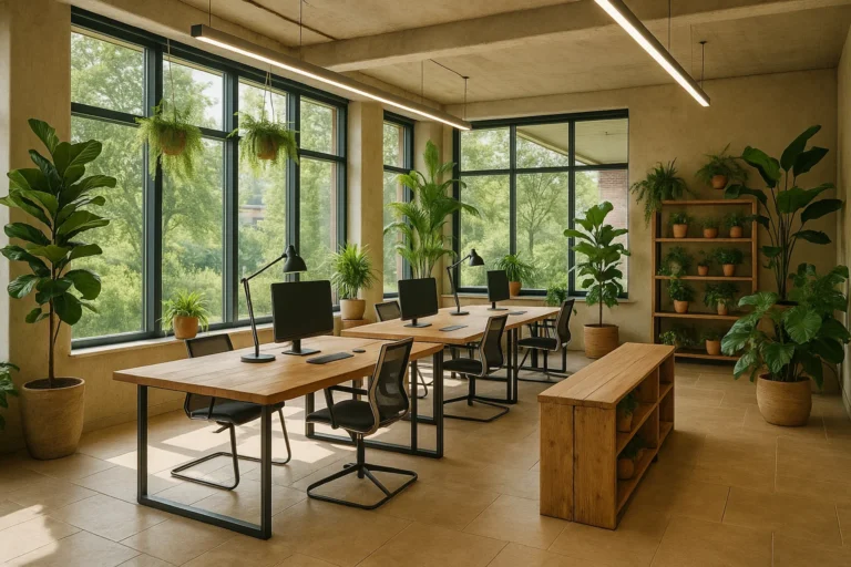 Duurzame coworkingruimte met natuurlijk licht, planten en houten interieur in Nederland.