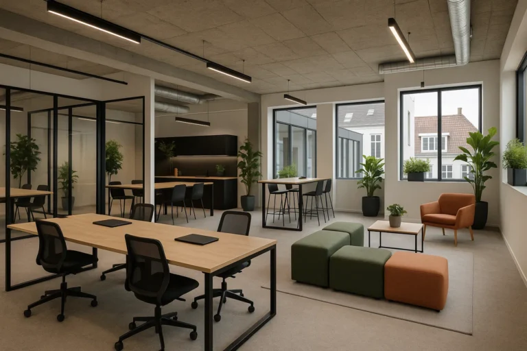 Flexibele en moderne coworkingruimte in Nederland met open indeling, stille zones, vergaderruimtes en gedeelde faciliteiten.