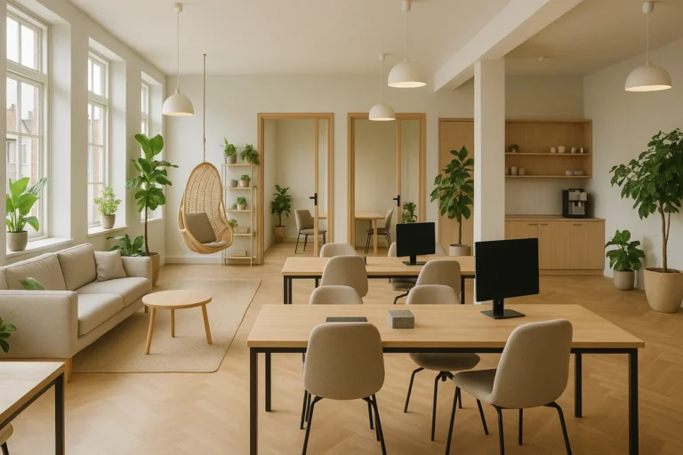 Gezellige coworkingruimte met gedeelde bureaus, loungehoek en veel natuurlijk licht, perfect voor freelancers.