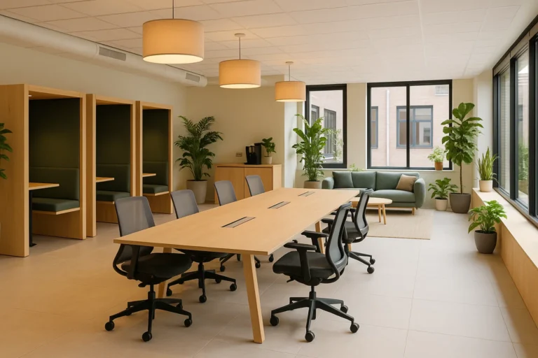 Moderne coworkingruimte met gedeelde werkplekken, loungehoek en veel daglicht in Nederland.