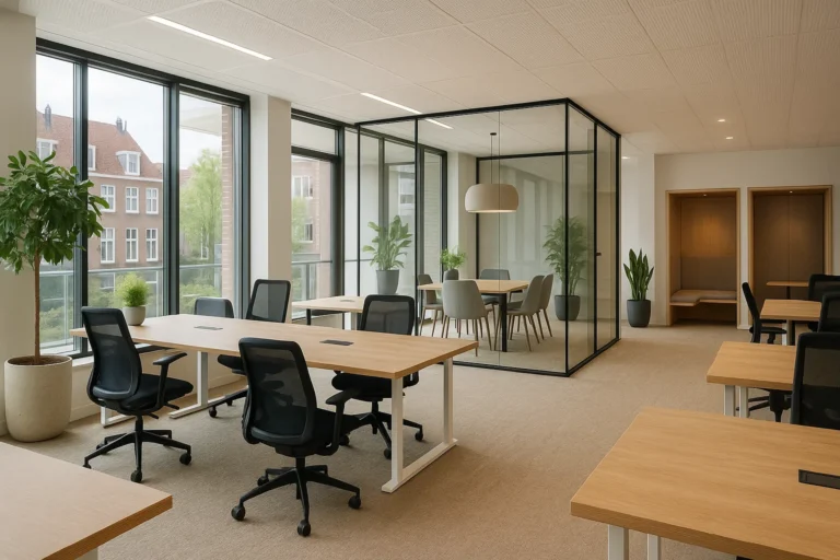 Moderne coworkingruimte met open indeling, veel daglicht en ergonomisch meubilair, ideaal voor startups.