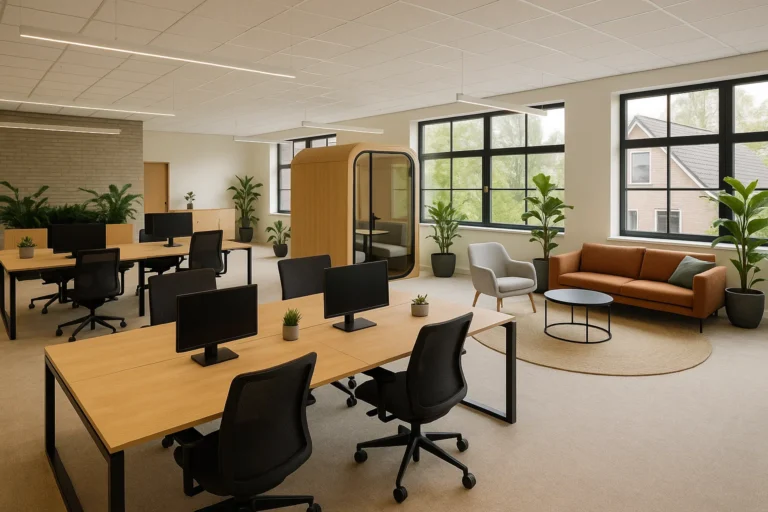 Moderne hybride werkruimte in Nederland met flexibele coworkingzones, natuurlijke lichtinval en duurzame inrichting.