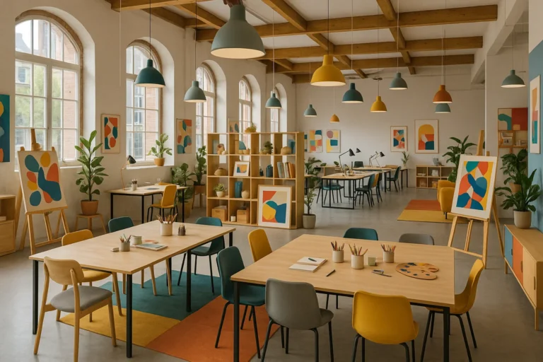 Creatieve coworkingruimte in Nederland met moderne inrichting en inspirerende werkplekken voor kunstenaars en ontwerpers.