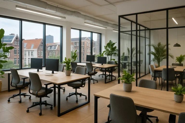 Moderne Nederlandse coworkingruimte met open indeling, glazen vergaderruimtes en uitzicht op stad.
