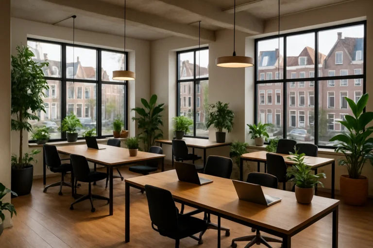 Moderne Nederlandse coworkingruimte met open indeling, veel daglicht en groene accenten, met uitzicht op stedelijke architectuur.