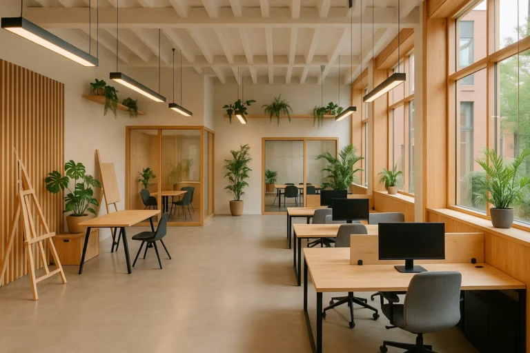 Niche coworkingruimte in Nederland met moderne werkplekken, creatieve studiohoeken en duurzame inrichting.