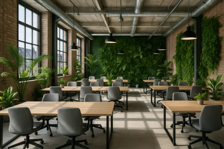 Duurzame coworkingruimte in Amsterdam met veel daglicht, groene wanden en moderne eco-vriendelijke inrichting.