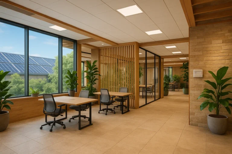 Duurzame coworkingruimte in Nederland met veel daglicht, natuurlijke materialen, zonnepanelen en groene planten, ontworpen volgens eco-labels en certificeringen.