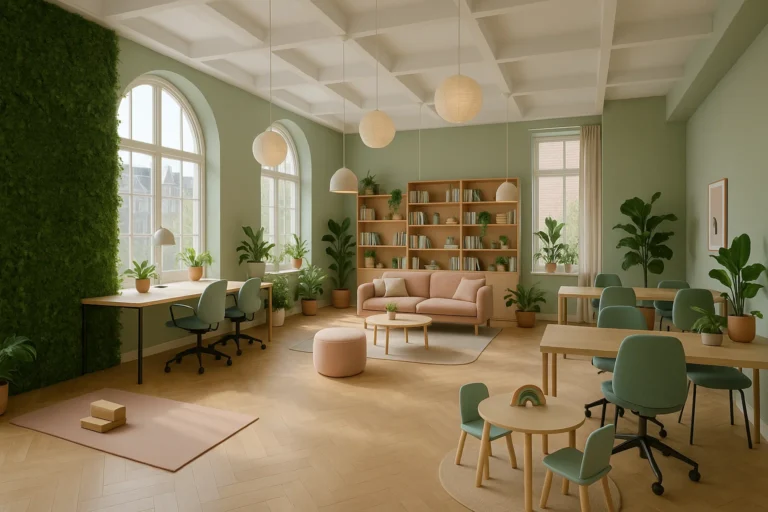 Vrouwgerichte coworkingruimte in Amsterdam met modern interieur, veel daglicht, groene accenten en inspirerende werkplekken.