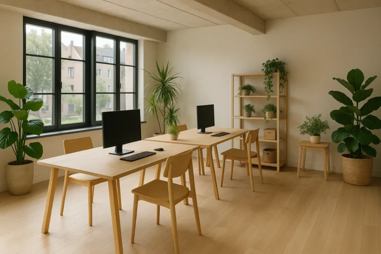 Fotorealistische coworkingruimte in België met houten meubels, planten en natuurlijk licht, ontworpen volgens duurzaam en modern interieurontwerp.