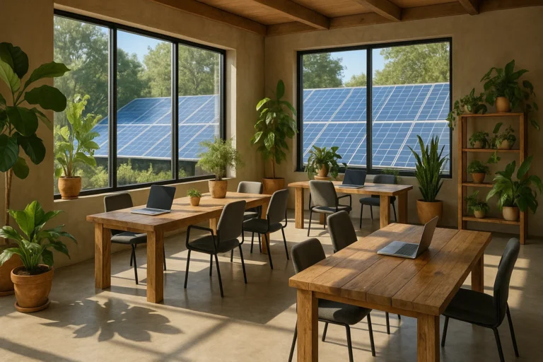 Duurzame coworkingruimte met veel planten, houten meubilair en natuurlijk licht in een modern kantoorpand.