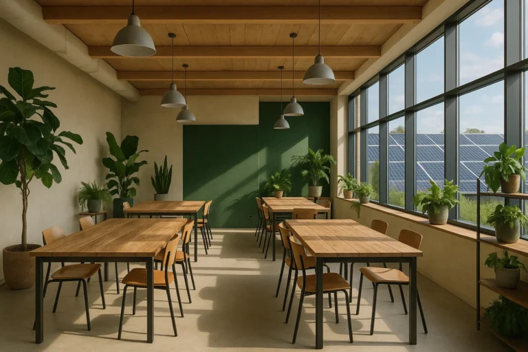 Moderne duurzame coworkingruimte met planten, houten meubels en natuurlijk licht in een gerenoveerd gebouw.
