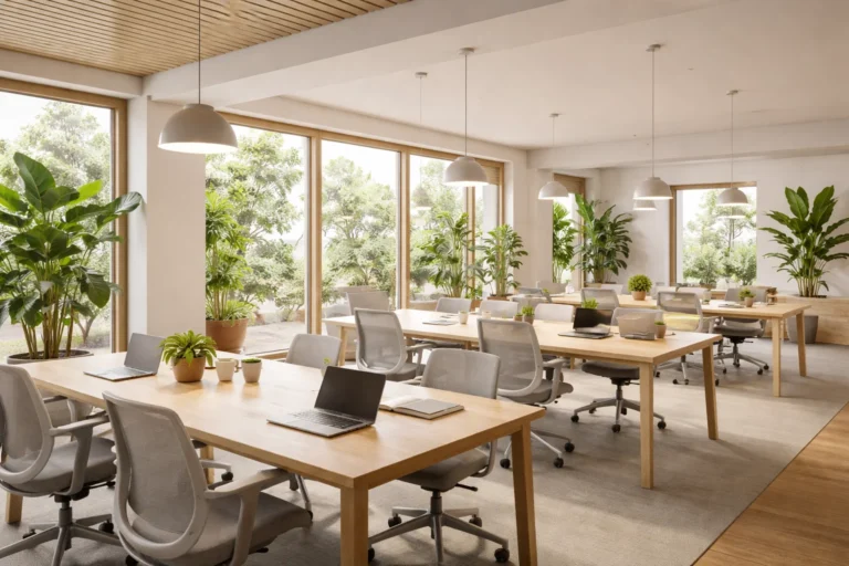 Lichte coworkingruimte met flexdesks, grote ramen en moderne inrichting.