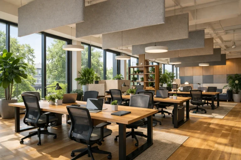 Lichte coworkingruimte met open werkplekken, planten en veel daglicht.